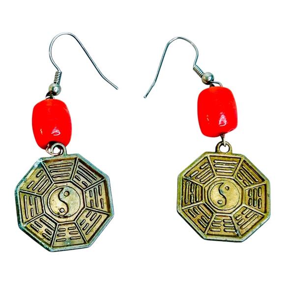 Yin Yang Symbol Brass Deep Orange Bead Accent Dangle Earrings - Picture 1 of 3
